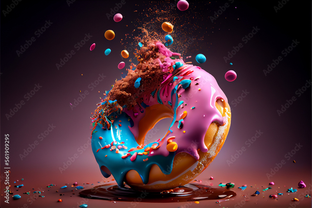 Colored Sweet Donuts, in chocolate and caramel, splash of chocolate and caramel, Generative ai