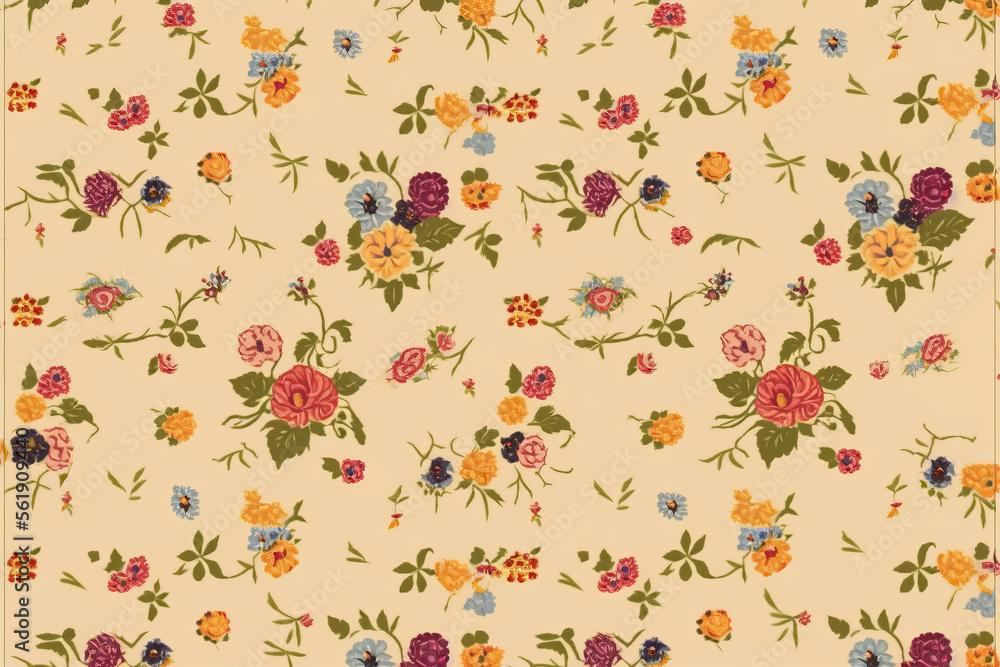 Vintage style designer pattern on a beige background. Embroidery of romantic and colourful flowers. Romantic pattern with wild roses. generative AI