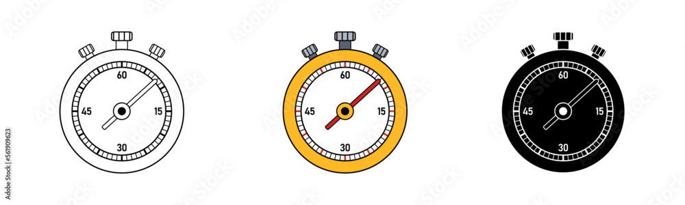 Simple minimalism icons of sport stopwatch. Linear, colourful and silhouette vector illustration in flat style Simple minimalism icons of sport stopwatch. Linear, colourful and silhouette vector illustration in flat style