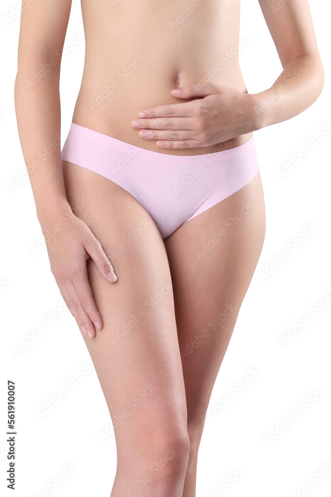 Female body, slim young woman in underwear with hand on belly, isolated on transparent background, concept of body care, healthy diet to eliminate cellulite, intimate hygiene and menstrual pain