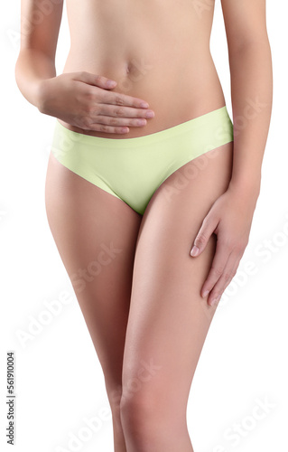 Female body, slim young woman in underwear with hand on belly, isolated on transparent background, concept of body care, healthy diet to eliminate cellulite, intimate hygiene and menstrual pain