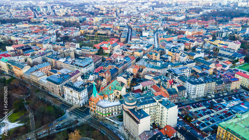Photography Krakow city from above, aerial view of old city center view in Krakow at morning