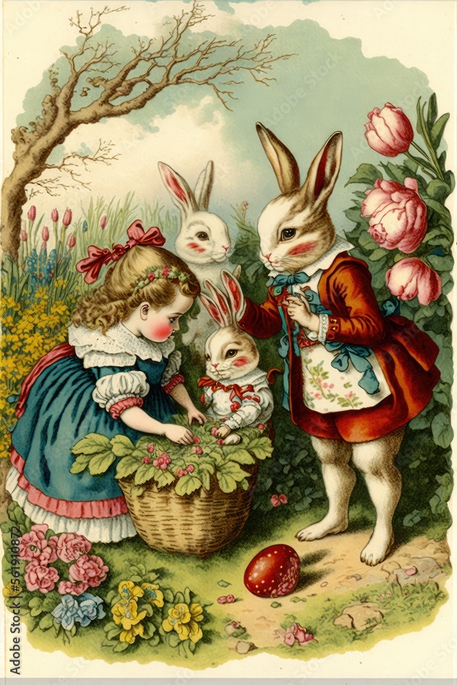 Early 19th century, classic, bunnies with easter eggs, in the garden, wearing clothes, AI assisted finalized in Photoshop by me 