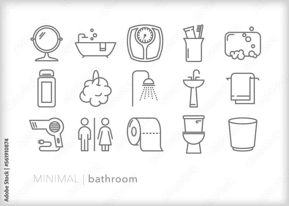 Set of bathroom line icons of theme surrounding getting clean and maintaining hygiene Set of bathroom line icons of theme surrounding getting clean and maintaining hygiene