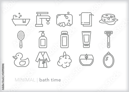 Set of bath time line icons for cleaning and self care