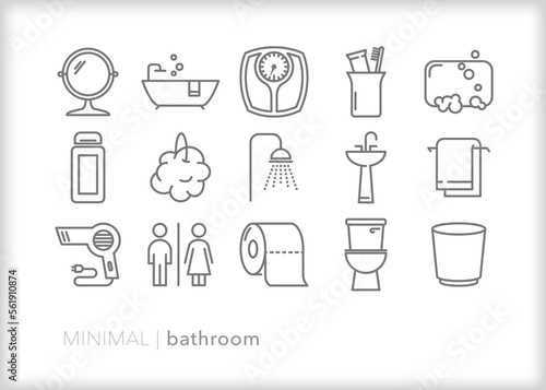 Set of bathroom line icons of theme surrounding getting clean and maintaining hygiene 