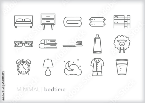 Set of bedtime line icons for getting ready to go to sleep at night