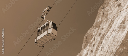 Funicular on Rosh Hanikra at the Israel's northern border. Mediterranean sea, Israel. Tourism Concept. Sepia Photo. Wide Panoramic Image photo