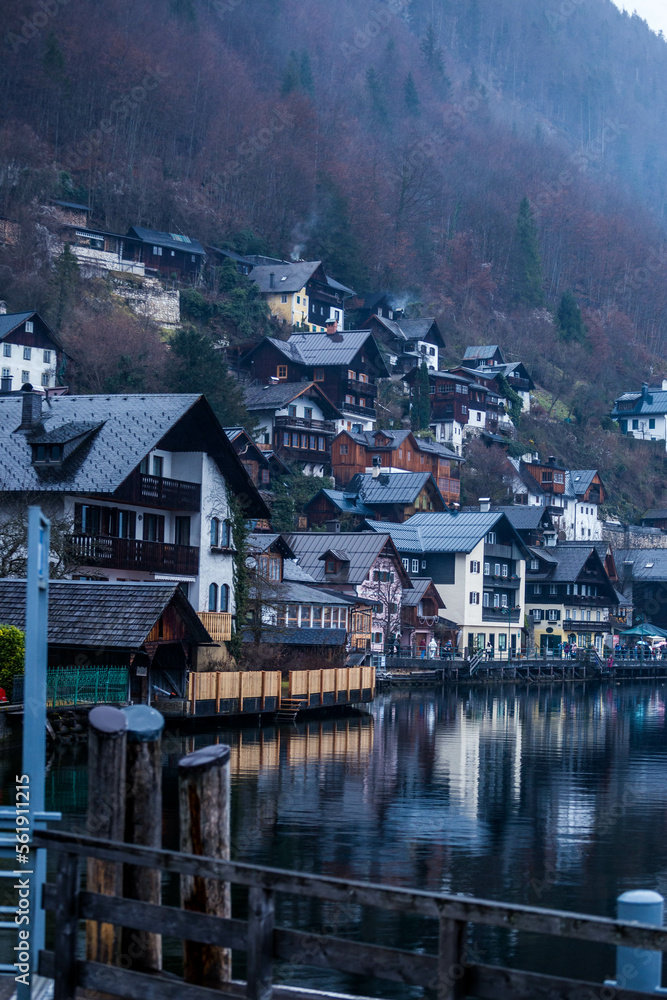 Hallstat village in the Austria. Beautiful village in the mountain valley near lake