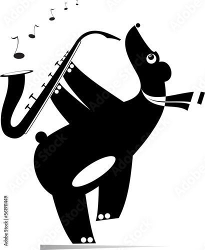 Funny bear a saxophonist isolated illustration. 
Cartoon bear is playing music on saxophone with inspiration. Black on white
