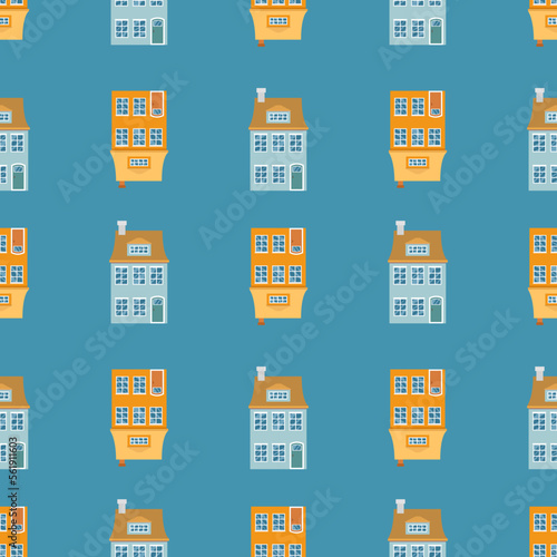 Endless background with cute vintage houses with windows and doors. Repeating print of sweet homes in Nordic Scandi style. Flat style vector illustration for fabric, wrapping, textile, wallpaper.