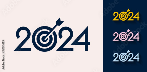 Concept for future success and planning towards goals. Arrow hit the target. Happy New Year 2024 design. Brochure design template, card, banner. Vector illustration. Isolated on white background.