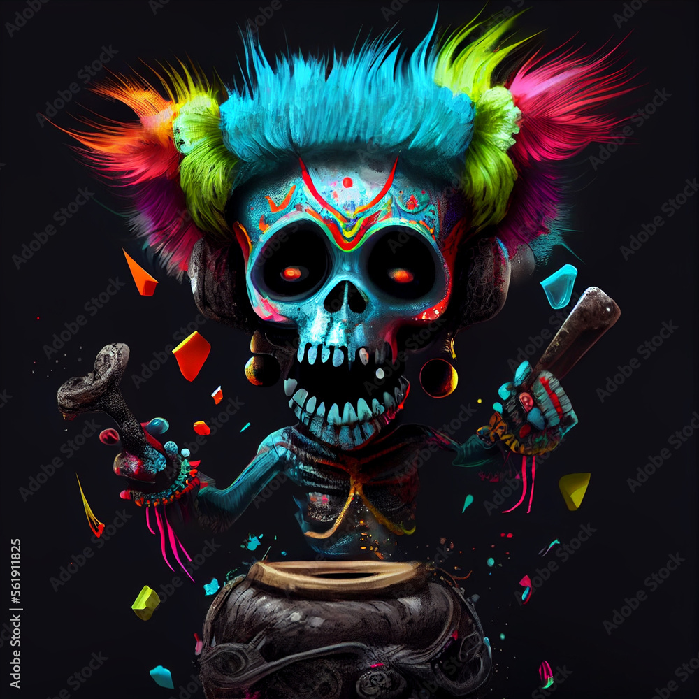 Skeleton with colorful hair playing drums. Generative AI.
