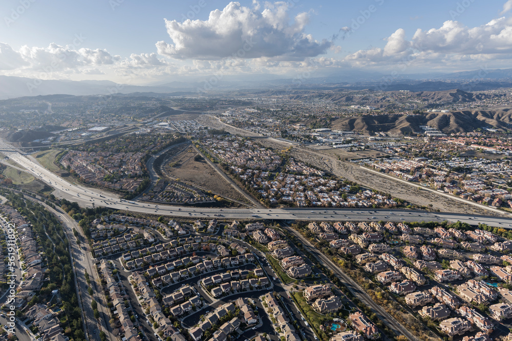Aerial view of housing developments and the 14 freeway in the Santa Clarita valley near Los Angeles California.Housing Developments Santa Clarita California