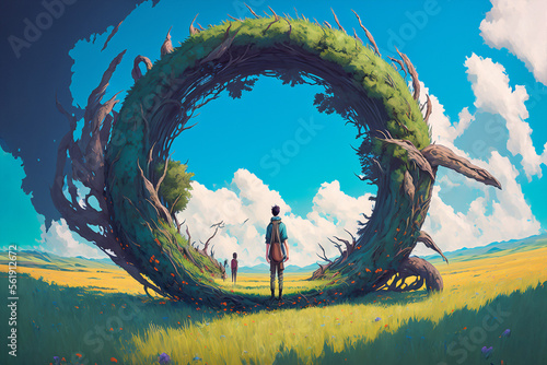Boy standing and looking at a giant ring made of logs, roots and grass, in a lush field