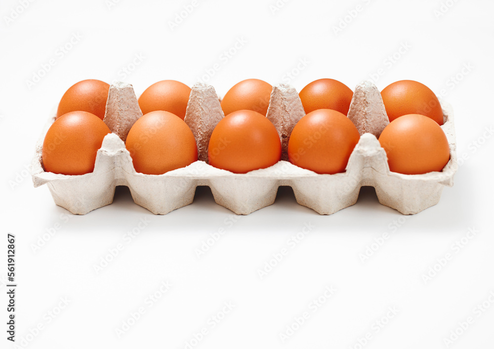 Raw brown organic eggs in paper tray on white background Raw brown organic eggs in paper tray on white background