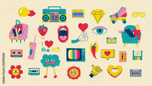 Fashion patch badges with lips, hearts, speech bubbles, audio cassette and other elements. Vector illustration set of stickers, pins, patches in cartoon 80s-90s style.