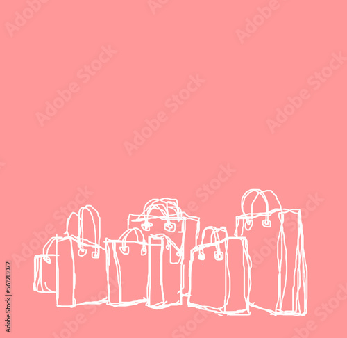 shopping bags carelessly drawn with a white marker on a pink background
