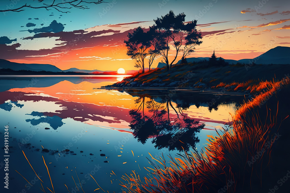 sunset on the coast of the lake. Natural landscape. Nature of northern Europe. reflection, blue sky and yellow sunlight. landscape during sunset, art illustration