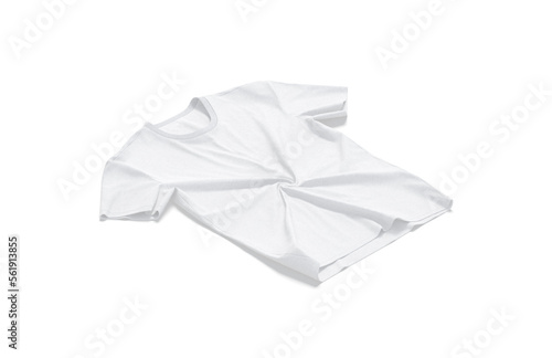 Blank white crumpled t-shirt mockup flat lay, side view