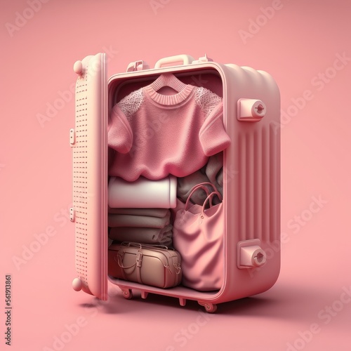 suitcase with clothes  isolated on pink background
