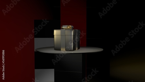 3D rendering. A gift box stands on a stand or showcase in a store or room. Evening. Dark light. The yellow light shines directly on the black gift bo