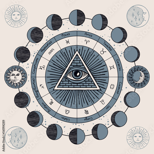 Vector circle of Zodiac signs with hand-drawn Masonic symbol all-seeing eye, Sun and and moon phases. Retro banner with horoscope symbols for astrological forecasts.