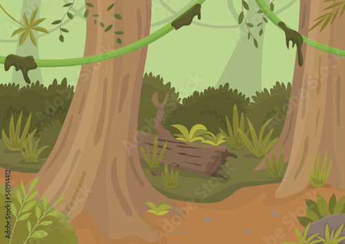 Jungle landscape with trees and lianas. Vector colorful cartoon background. Illustration for kids.