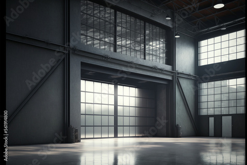 Grunge Studio Showroom Big Empty Steel Concrete Hangar, Generative ai