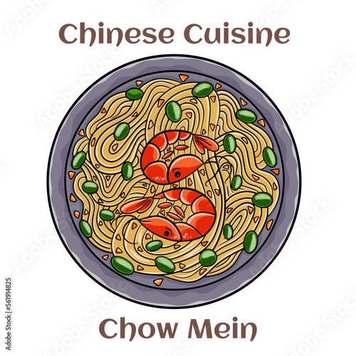 Chow Mein. Stimfried noodles with the meat?poultry and vegetables. Chinese food. Vector image isolated.