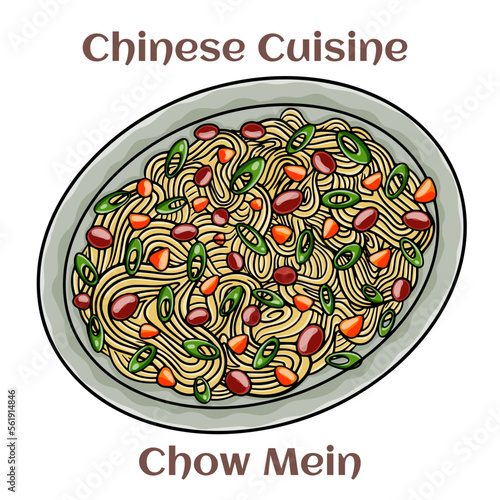 Chow Mein. Stimfried noodles with the meat?poultry and vegetables. Chinese food. Vector image isolated.
