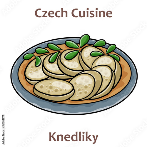 Knedliky. It is cooked dish, served on the side of many traditional dishes. Most common types are bread and potato dumplings. Czech food. Vector image isolated.