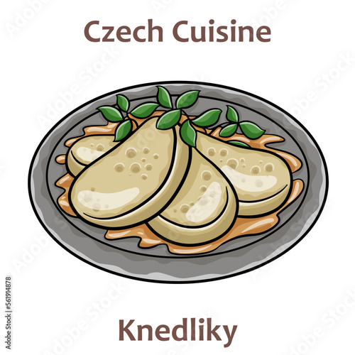 Knedliky. It is cooked dish, served on the side of many traditional dishes. Most common types are bread and potato dumplings. Czech food. Vector image isolated.