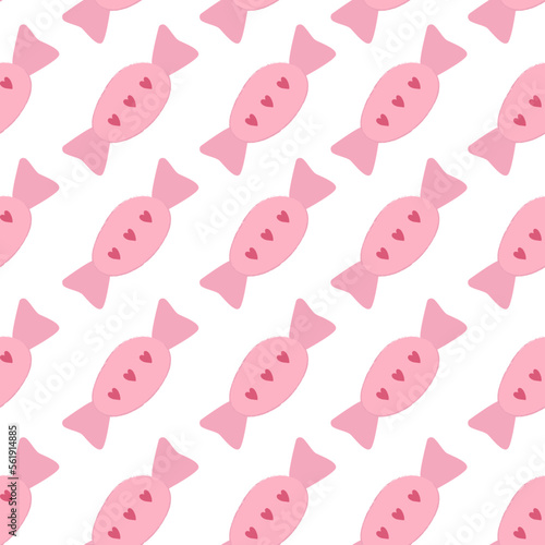 Seamless pattern with pink candies with hearts. Valentines day sweets. Flat style vector © Vladyslav