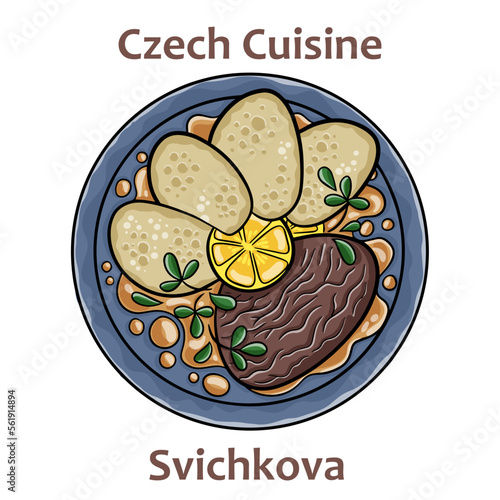 Svickova. It is sirloin steak prepared with sauce from roasted root vegetables and cream. Spiced with black pepper, bay leaf and thyme. Czech food. Vector image isolated.