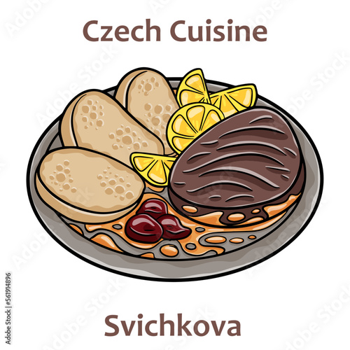 Svickova. It is sirloin steak prepared with sauce from roasted root vegetables and cream. Spiced with black pepper, bay leaf and thyme. Czech food. Vector image isolated.