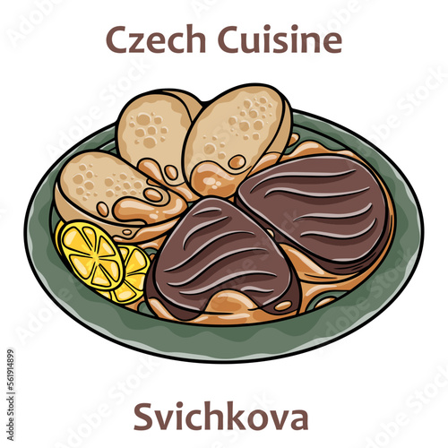 Svickova. It is sirloin steak prepared with sauce from roasted root vegetables and cream. Spiced with black pepper, bay leaf and thyme. Czech food. Vector image isolated.