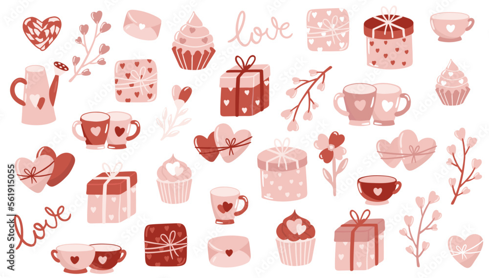 Valentine s Day set love elements, balloons, hearts, envelope, mugs, cupcake, ice cream. Suitable for stickers, party invitations, greeting cards, posters Valentine s Day set love elements, balloons, hearts, envelope, mugs, cupcake, ice cream. Suitable for stickers, party invitations, greeting cards, posters