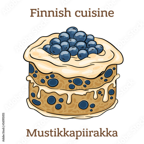 Mustikkapiirakka. Homemade blueberry pie with freshly picked blueberries from the forest. Finnish food. Vector image isolated.