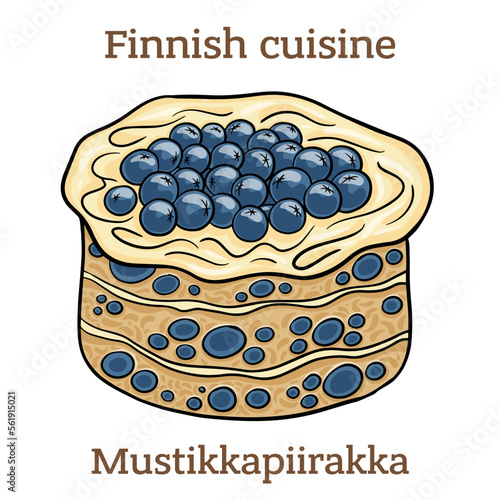 Mustikkapiirakka. Homemade blueberry pie with freshly picked blueberries from the forest. Finnish food. Vector image isolated.