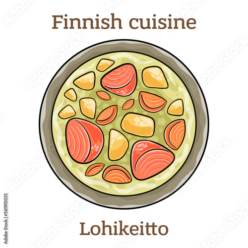 Lohikeitto. The soup made with salmon, potatoes and leeks, and sometimes add milk.  Finnish food. Vector image isolated.