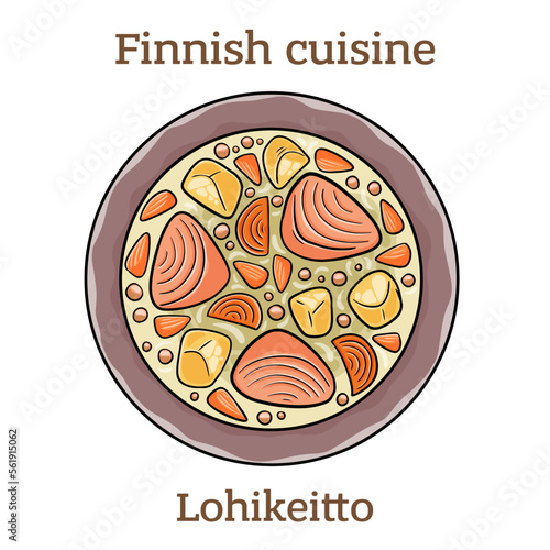 Lohikeitto. The soup made with salmon, potatoes and leeks, and sometimes add milk.  Finnish food. Vector image isolated.