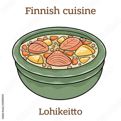 Lohikeitto. The soup made with salmon, potatoes and leeks, and sometimes add milk.  Finnish food. Vector image isolated.