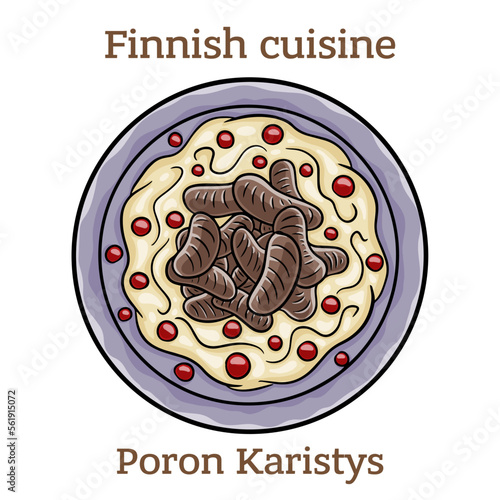 Poronkaristys. Steak or back of the reindeer is thinly sliced, fried in fat, spiced, cooked in water, cream or beer.  Finnish food. Vector image isolated.