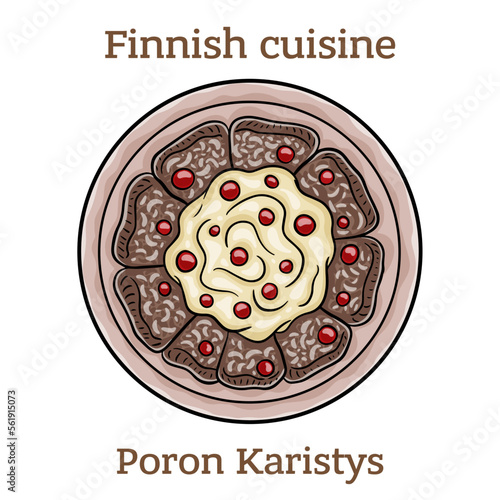 Poronkaristys. Steak or back of the reindeer is thinly sliced, fried in fat, spiced, cooked in water, cream or beer.  Finnish food. Vector image isolated.