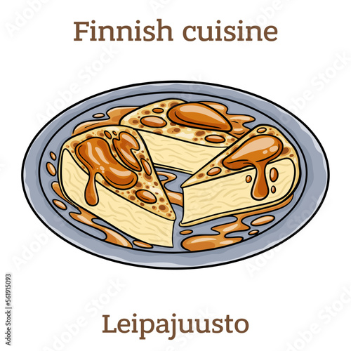 Leipäjuusto. This cheese is most often made from cow's milk but can also be made from reindeer or goat's milk. It is most delicious with cloudberry jam.  Finnish food. Vector image isolated.