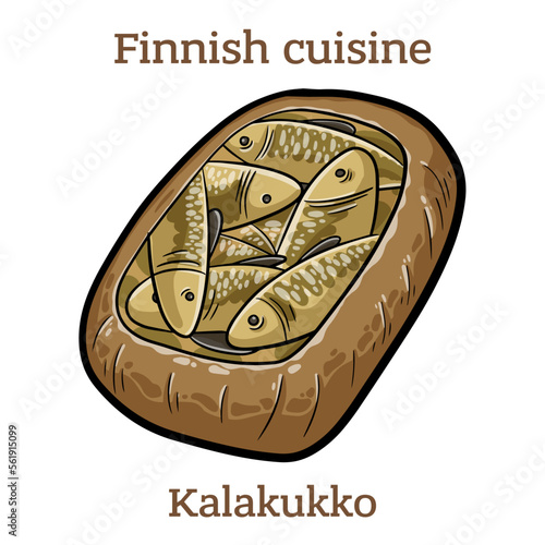 Kalakukko. Traditional food from the Finnish region of Savonia made from fish baked inside a loaf of bread..  Finnish food. Vector image isolated.