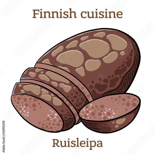 Ruisleipä. Rye hole-bread is a traditional bread from Finland. A flat rye flour loaf with a hole in the middle. Finnish food. Vector image isolated.