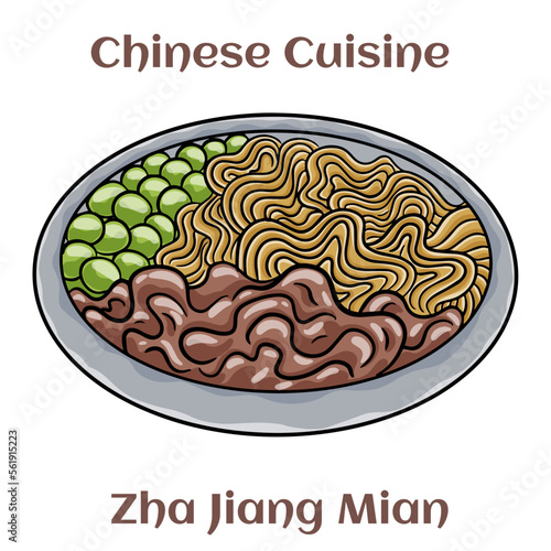 Zha jiang mian. Noodles with a rich, meaty sauce, topped with fermneted soy bean paste and fresh cucumber. Chinese food. Vector image isolated.