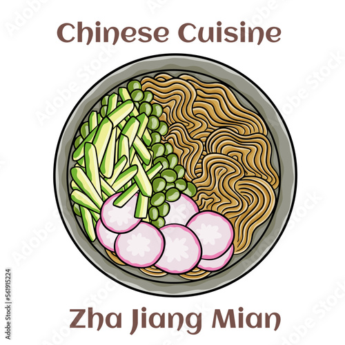 Zha jiang mian. Noodles with a rich, meaty sauce, topped with fermneted soy bean paste and fresh cucumber. Chinese food. Vector image isolated.